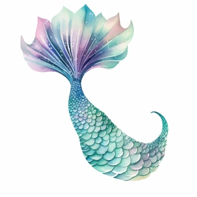 reate a stunning watercolor mermaid tail for clipart. the image should be beautiful pastel colors. the image is just of the tail and fins. create the image to be just the waist down to the fins. it should look like a realistic mermaid tail. the top part should start in a V shape