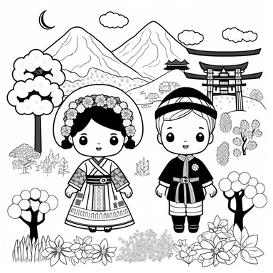 Landscape, simple, traditional costume, local food, animal, educational, history, and cultural diversity, clipart style, cute, picture book style, captivating, kid friendly cute character, black and white, more white than Black, coloring book, not color style, cartoon style, vector image, simple, line art style, character, white background