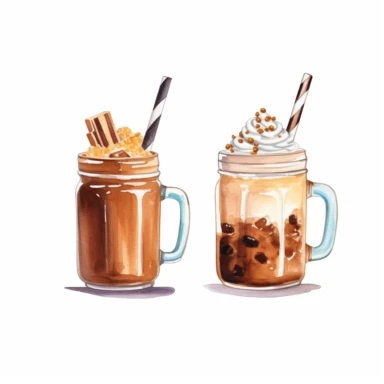 watercolor clipart set of 2 illustration of hot chocolate in glass with straw , white background