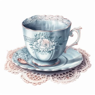 watercolor, hyper realistic, no background, have margins, 8k, ultra detailed clipart, no text, no logo, no trademark A delicate lace doily in a soft cream color, perfect for placing under teacups or other tableware, muted pastel blue