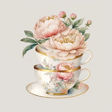 3 stacked vintage teacup, pink pastel peonies inside, glitter around, white, gold, glitter, fantasy, realistic illustration, watercolor, by Dinara Mirtalipova, by Disney, by rifle paper co, bright and airy Colors, concept art, white background, clipart