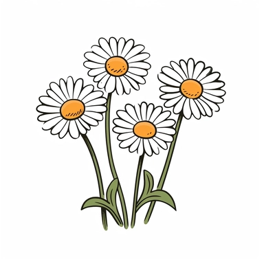 Clipart of cartoon daisies in a minimalist style, on a white background,