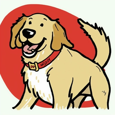 The image shows a cartoon dog, smiling and wagging its tail. The dog is a happy, playful golden retriever, with a shiny black nose and big, floppy ears. It is wearing a red collar with a shiny name tag, and its fur is a vibrant golden color. The background is a simple white, allowing the dog to be the focus of the image. This playful and charming clipart is perfect for use in greeting cards, posters, or any other project that needs a touch of canine cuteness.