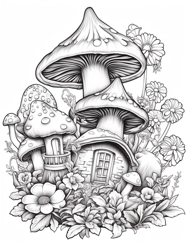 coloring book style, illustration clipart. Pixie Hollow: A whimsical garden where mischievous pixies play among blooming flowers and toadstools. for coloring book with crispy lines and white background
