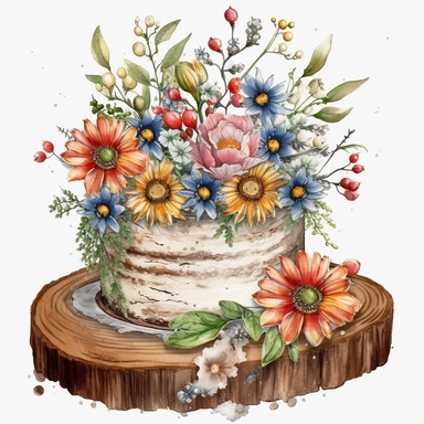 rustic wildflower cake clip art, white background, high res 4k