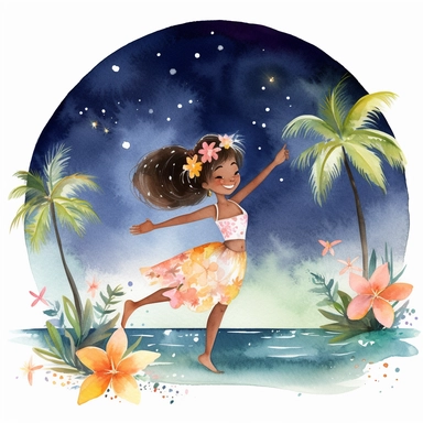 watercolour, tropical island setting, showcase an adorable little polynesian hula girl (aged 8) she is dancing under the moonlight on the beach with full moon and twinkling stars above, she is happy, she has tropical beautiful flowers in her hair, the feeling is magical, clipart style
