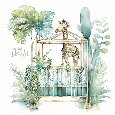watercolor baby boy theme clipart of a crib, jungle style, with a realistic giraffe around or in the crib, consisting of green blue and teal, white background with palmtrees, no caption, no text