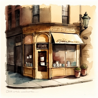 watercolor iamge of outside of a coffee shop in downtown New York clipart, no water mark
