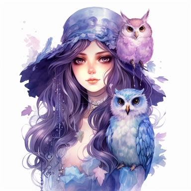 lunar witch with owl, purple and blue, moon, clipart, white background, beautiful face, mystic, watercolor, by Kawacy, by Artgerm