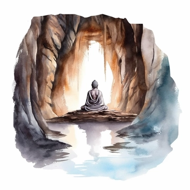 Buddha meditating in a cave with waterfall, watercolor style, clipart solid white background