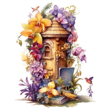 a watercolor fairy old and used little English mailbox, profil view, with a post slot, enchanted collector's item surrounded by an arrangement of a number of dramatic extravagant saturated digital yellow and purple 3D giant orchid, in the style of large-scale photography, lush detailing, watercolor style, pastel colors, playfully intricate, made of flowers, bloomcore, clipart, clear background