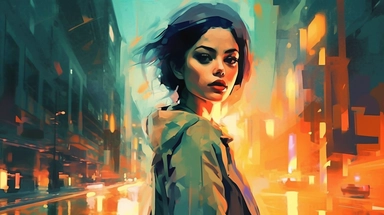 beautiful stunning pretty vintage, futuristic bladerunner style young woman, paint art style, clipart, city landscape background, superrealistic, one of a kind