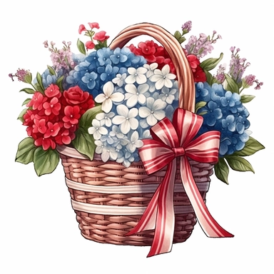 Red and blue and white flower basket clipart, red ribbons, high detailed, realistic detail, illustration style, high solution, on the white background