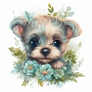 super cute newborn baby yorkie clipart with huge cute blue eyes happy smiling mouth painted in watercolor style, splashes, muted pastel blush pink and muted pastel sage green and muted pastel sage blue eucalyptus and peony flowers, white background jasmine becket griffith style 8k hd
