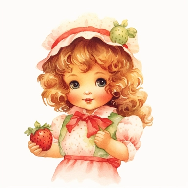 hand drawn strawberry shortcake doll, vintage 1980’s, watercolor, white background with margins, clipart style
