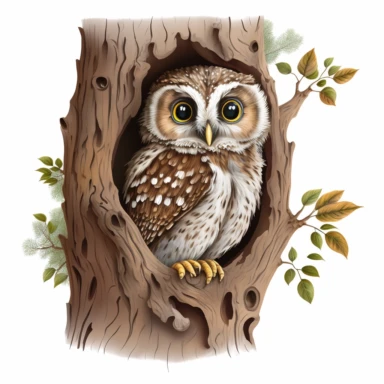 cute baby owl, with brown detailed eyes, in a oak tree, white background, realistic clipart