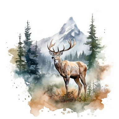watercolor style, buck deer with the mountain forest in the back clipart, isolated on white background, hd