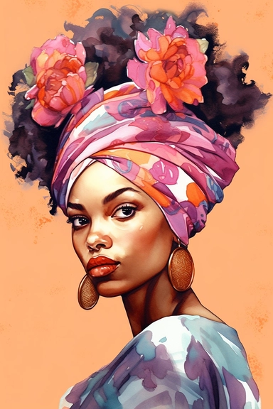 Portrait afro girl woman wears bandana for curly hairstyles. profile, black melanin skin. Shenbolen Ankara Headwrap Women. Afro Traditional Headtie Scarf Turban in tribal zebra fabric design texture watercolor clipart. pink indigo and orange. gold details on purple background watercolor texture. white flowers.