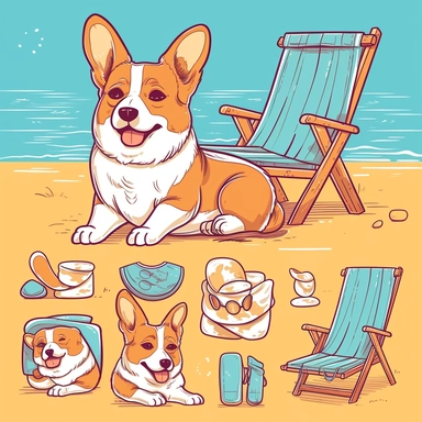 Clipart style corgi, oversized sunglasses, lounging on a sunny beach, clear skies, playful pose, hatching for texture, simple forms, bold outlines, colorful palette