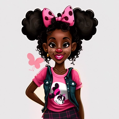 2d, beuatiful vibrant full body happy african american adult mickey mouse woman clipart, dark brown face, pink ears, cartoon realistic