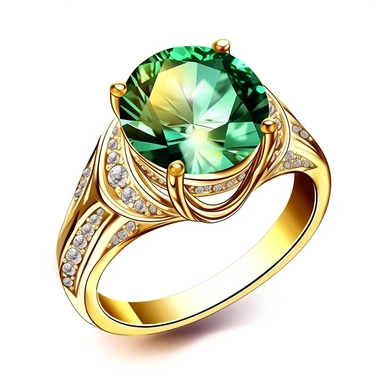 jewellery gold engagement ring with green stone and diamonds digital clipart on white background