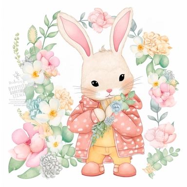 a shy baby Bunny with Flowers Clipart, Peter rabbit, wearing pink coat covered in flowers, Nursery summer Clipart, Easter Clipart, summer Bunny, Crafting Digital Paper, Mother’s Day, white background