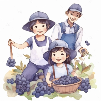 clip art of an asian baby girl and her dad are harvesting fresh blueberry with basket, crayon colouring, in the style of illustrator Ashley Bryan, smilecore, soggy, sticker set, ready-made objects, loose paint application, white background, embroidery