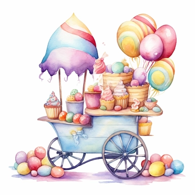 whimsical watercolour clip art against a white background easter themed white candy cart