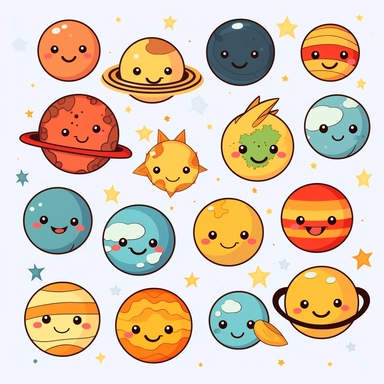 Solar system clipart perfect clean lines, detail face planets vector graphics, Space clipart, high quality kawaii png clip art on a white background