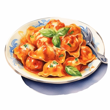 watercolor ultra realistic and hyper detailed illustration of a traditional italian Tortellini in Tomato Cream Sauce (with cheese or meat filling) on a plate clipart, white background
