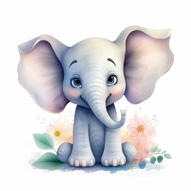Watercolor illustration of a adorable happy elephant, flowers, organic forms, muted tones, soft, hazy brushstrokes, bruno munari, tsubasa nakai, simple designs, bloomcore, clipart, isolated on a white background, hd, beautiful