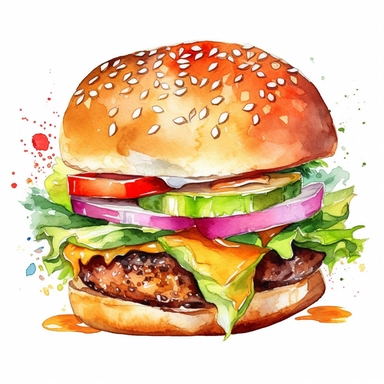 juicy hamburger watercolor design clipart