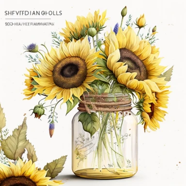 sunflower clipart, sunflower floral bouquet, white background, sunflower bouquet in the jar