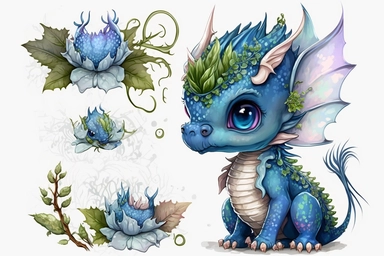 Cute baby Dragon PNG, full body, great wings, Dragon Clipart Illustration, blue Dragon Clip Art for Sublimation, Scrapbooking and Crafts, Dragon Art for Kids , flowers on head, white background,