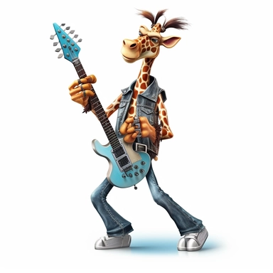 a giraffe as a punk rockstar playing an electric guitar, full body image, pixar style, clipart, white background