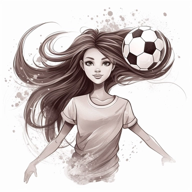 monochrom logo of a young girl, long hair, with a soccer ball, wearing soccer suit, front of goal, White background, Disney inspired, no shading, Clipart - Variations by <@1108388898800939109>