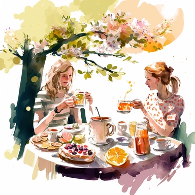 digital watercolor clipart of spring tea and breakfast time in a garden picnic happy enjoying their holiday