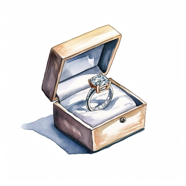 An engagement ring in a velvet box clipart, white background, watercolor drawing