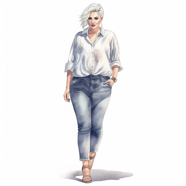 Realistic watercolor full body glamourous fat woman with casual blouse and jeans and heels, beautiful fat woman face with long eyelashes glamourous style, 35 year old lady with grey short hair, clipart, cozy, bright warm colors, 1500x500 pixels, Lady, Jea