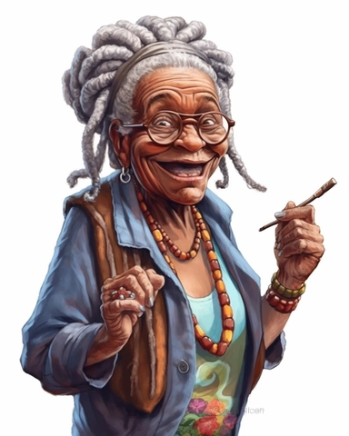 laughing funny Comic Book style Sassy hip African American Boho chic Grandma with long rope style dreadlocks puff puff pass Smoking blunt between her lips holding a cigarette lighter in one hand clipart
