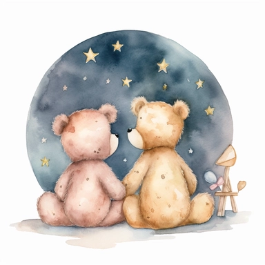 hand drawn pair of teddy bears back facing sitting together looking up at the night sky and the moon and stars, for a nursery, celestial accents, pastel shades, glamorous, watercolor, white background with margins, clipart style