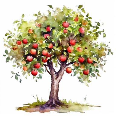 apple tree clipart + white background + watercolor rustic style