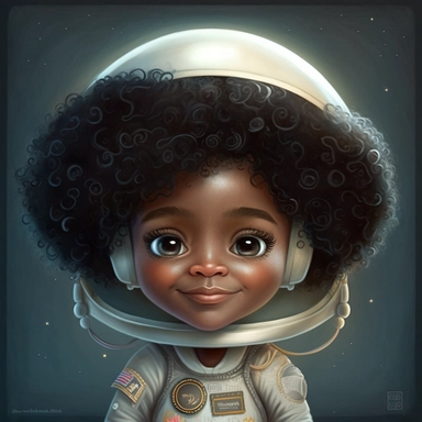 Happy Black Girl Astronant on the moon ,Cheer full , Curly hair, Black Girl clipart, Funny African American Girl , Humorous , funny , smiling in outter space in alien spacecraft , moon child png, Highly detailed close-up portrait , African american Astronaut Girl , Black Girl on the moon , , standing on the moon , Nicoletta Ceccoli, Mark Ryden, lostfish, Earl Nor, global lighting, divine rays, detailed and intricate surroundings, sf, intricate artwork masterpiece, ominous, matte painting movie p