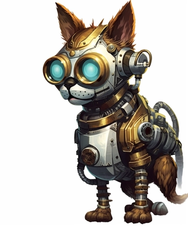 clipart Steampunk cat art by jackylouise, cyberpunk realism style, futuristic robots, comic art, pixelated realism, uhd image white background