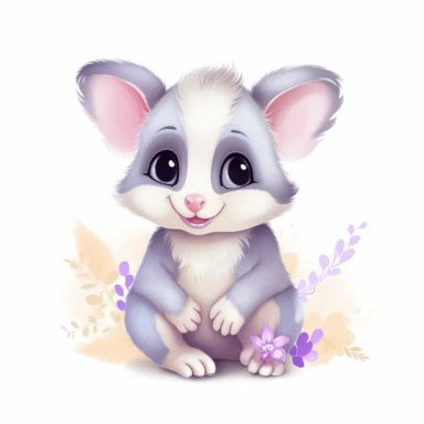 cute baby Opossum clipart, happy, animal only, isolated on white background, illustration, pastel colors, no shadow, vector, high definition, Full HD, 8k