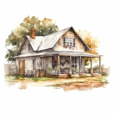 beautiful detailed rustic watercolor farmhouse, clipart, minimalistic, digital art, 4k