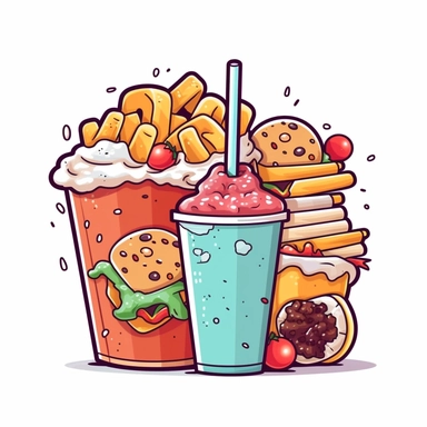 bubble tea with snacks fastfood elements Clipart, White Background, vector style sticker ar 1:1