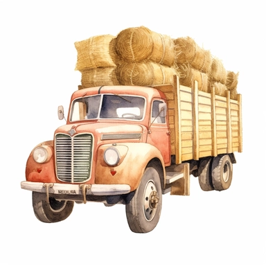 realistic watercolor drawing of a vintage truck in Italy with bales of hay, on a white background where the background will be removed to repurpose as a clipart.