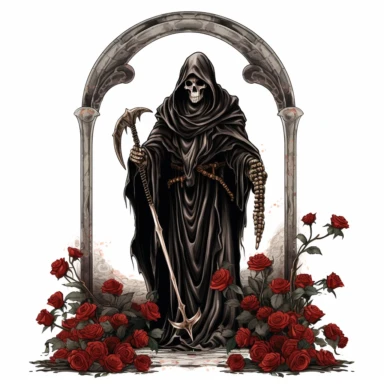 Grim Reaper hold the scythe, standing next to the tombstone, and roses Sublimation Clipart, Illustration clipart, 4K, extremely detailed, isolated on white background
