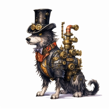 steampunk dog prototype, full body, watercolor, gears, pinions, calipers, clocks, rivets, top hat, clipart, duo tone, realistic, ultra resolution, vivid detail, 8k, minimal watercolors, white background